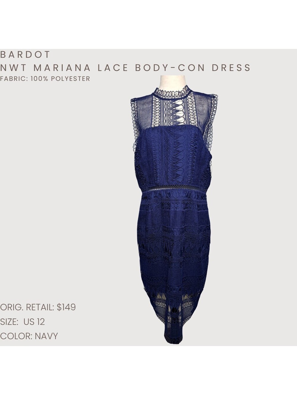 Bardot NWT Mariana Lace Bodycon Midi Dress Navy US 12 - Picture 2 of 9